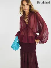 River Island Red Tie Front Smocked Blouse (H75543) | $92 - $125