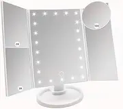 YIRANJIA with 22 LED Lights, Makeup Mirror with 10X 3X 2X Magnification, Trifold 180° Adjustable Rotation Hollywood Mirror, Dual Power Supply, Portable Travel Compact Mirror, Women Gift (White)
