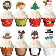 Blulu 96 Pieces Christmas Party Decorations Christmas Cupcake Topper Wrappers Santa Claus Snowman Reindeer Elf Penguin Christmas Tree Christmas Wreath Gingerbread Hand Cake Party Decorations Supplies