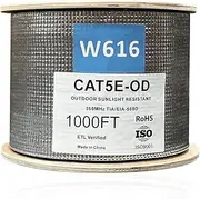 Vertical Cable Cat5e, 1000ft, UTP, UV Jacket, Outdoor Rated, CMX with Messenger, Black - Bulk Ethernet Cable on Wooden Spool