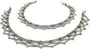 [IndiaStop] Handmade Womens Boho Anklets Pair | Silver Plated Brass Copper Metal Chain Vintage Antique Oxidized Finish | Inidan Payal Feet Ankle Bracelet Fashion Jewelry | Traditional Bollywood Festival Gypsy, 10