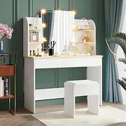 Ufurniture Dressing Table Set Makeup Mirror Stool Vanity Desk with 10 LED Adjustable Bulbs Open Shelves and Drawers Dresser White