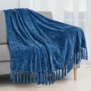 Soft Chenille Knitted Throw Blanket Decorative Fringe for Bed Sofa Couch Chair