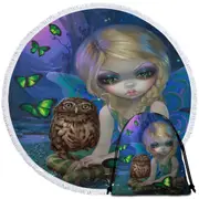 Summer Fairy with Her Owl and Butterflies Round Beach Towel