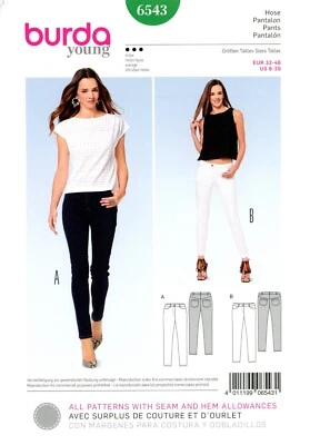 Burda 6543 Skinny Cigarette Pants w Hip Yoke Pockets, Belt Carrier Sz 6-18 UNCUT