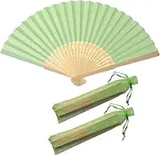50pcs Paper Hand Fan Bamboo Handheld Folded Fan Decorative Paper Fan Wedding Gift Party Favors with Gift Bags (Light Green)