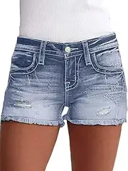 [Flamingals] Jean Shorts for Women Mid Waisted Stretchy Ripped Denim Shorts Raw Hem Curvy Summer Trendy Shorts
