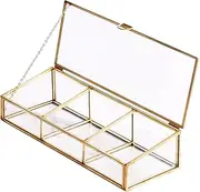 [Levilan] Golden Vintage Glass Lidded Box Clear Glass & Brass Metal Storage Jewelry and Cosmetic Makeup Organizer with Lid Beauty Display, Rectangle with 3 Compartment