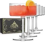 Ribbed Coupe Glasses Set of 4, Hand Blown 10 oz Vintage Cocktail Glasses, Vintage Art Deco Martini Glasses Set with Present Box for Espresso Martini, Champagne, Cosmopolitan, Manhattan, Cocktail Party