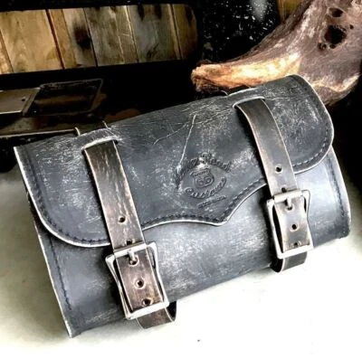 Tool Roll Bag Saddle Harley Chopper Bobber Motorcycle Black Distressed Leather