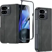 [NINKI] Compatible for Google Pixel 9 Pro Fold Case with Screen Protector, Hinge Protection, Leather Matte Case for Google 9 Pro Fold Pixel Black