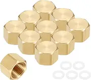 uxcell 10Pcs Brass Hex Head Plug Compression Cap Fitting Stop Valve Cap,1/4" Hex Thread Pipe Fitting Flare Cap Tubing Ends Sealing Cap with Gasket for Air Conditioner, Water, Gold