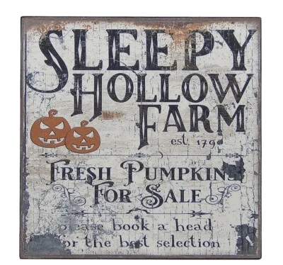 Sleepy Hollow Farm Pumpkin Halloween Decor Sign Shelf Sitter Wall Art 5" x 5"