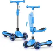 EVLIQUIL Kids Scooter, Height Adjustable Handlebar and Removable Child Seat, 3 LED Light Wheels, Non-Slip Scooter for Boys and Girls Ages 2-12 up to 60
