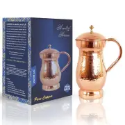 Pure Copper Hammered Maharaja Style Water Jug Pitcher With Brass Knob on Lid