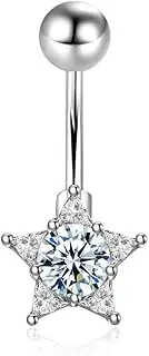 [Niaspi] 14G CZ Diamond Star Belly Button Rings for Women 316L Stainless Steel Navel Curved Barbell Studs Ring Sparkling Body Piercing Jewelry, 14g, Stainless Steel, no gemstone