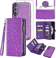 [Asuwish] Phone Case for Samsung Galaxy S23 FE 5G Zipper Wallet Detachable Cell Cover with Tempered Glass Screen Protector Lanyard Wrist Strap Flip Credit Card Holder S 23 EF S23FE 23S Women Men Purple