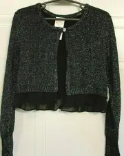 Girl's Sparkly Black & Silver Light Weight Sweater Jewel Button Ruffle Cardigan