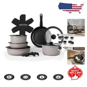 Healthy Non-Stick Cookware Set with Removable Handle - Dishwasher Safe 16-Piece