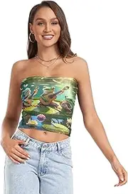[RPLIFE] Frogs Playing Music Cropped Tube Top Strapless Crop Top, Sheer Tube Tops, Tube Tops for Women Summer (S)