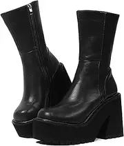 [AMINUGAL] Womens Wedge Heel Ankle Boots Platform Zipper Punk Motorcycle Booties Chunky Block High Heel Round Toe Fashion Work Combat Boots Mid Calf For Women