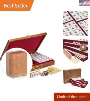 Luxury Champagne Gold Mahjong Set - 148 Detailed Tiles with Wooden Veneer Case