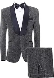 [Zylphorix] Mens Suits Velvet Tuxedo Suit 2 Piece Shawl Lapel Jacket Pants 1 Button Slim Tuxedo Suit Set