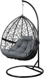 Gardeon Outdoor Egg Swing Chair Rattan Black Garden Bench Hanging Seat, Patio Baconly Furniture Chairs, with Cushions Stand Wicker Basket Water Resistant 150kg Capacity