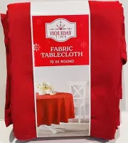 HOLIDAY TIME RED FABRIC TABLECLOTH FABRIC 70" ROUND CHRISTMAS [HDX4]
