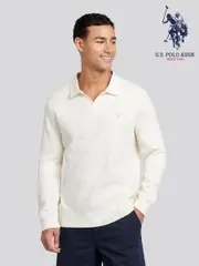 U.S. Polo Assn. Cream Mens Waffle Texture Open Collar Long Sleeve Polo Shirt (F61838) | $173