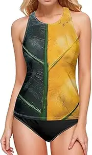 [AIXIWAWA] Women's Tankini Tops-Black Yellow Leaf, Swimsuit Top for Beach Pool Vacation S