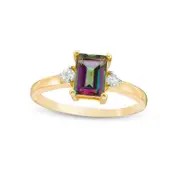Emerald-Cut Mystic Fire« Topaz and 0.10 CT. T.W. Natural Diamond Ring in Solid 10K Yellow Gold