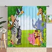 YUANZU Zoo Curtains W42 x L84 Inch Rod Pocket Kids Animal Jungle Safari Wildlife Elephant Giraffe Lion Print Pattern Privacy Fabric Window Drapes for Boys Bedroom Nursery Baby Playroom 2 Panels