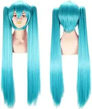 Long Blue Lolita Straight Wig with 2 Ponytails Anime Party Vocaloid Hatsune Miku Cosplay Wig Clip on 100 cm / 39 inches Synthetic Fibre