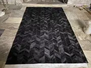 Hand-Tufted Black Chevron Hairon Leather Rug 8x10 - Stylish Living Area Carpet