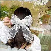 [Xmsrn] Vintage Large Lace Bow Hair Clip Barrette White Bow Lace Hair Barrette French Mesh Bow Head Clip Barrette Headpieces White Silk Bow Hair Accessories for Women and Girls (White)