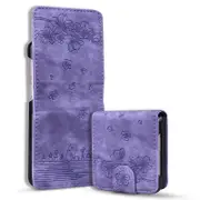 For Samsung Galaxy Z Flip4 5G PU Leather Card Holder Phone Case Imprinted Cat Flower Anti-drop Cover