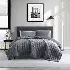 Kenneth Cole- Queen Quilt Set, Solid Velvet Reversible Bedding Set, All Seaso...