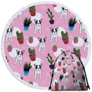 French Bulldog and Cactus Pattern Round Beach Towel