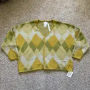 Topman Argyle Cardigan Sweater Mens Medium Wool Blend Yellow Green Buttons