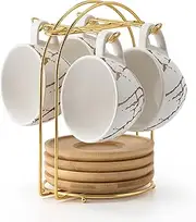 [LUKA] Ceramic Demitasse Espresso Cups Set with Saucers and Metal Stand, 8 oz Porcelain Stackable Cappuccino Cups Teacup For Tea, Espresso, Latte, Coffee, Cafe Mocha, Set of 4, White