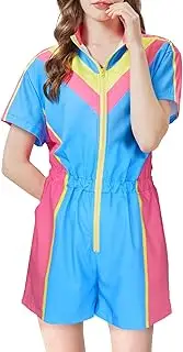 [Ezuwail] 80s Rompers for Women Color Block Jumpsuit Retro Summer One Piece Outfits 90s Tracksuit Short Sleeve Track Suit