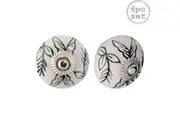 Nicola Spring Ceramic Cupboard Drawer Handle Knobs - Floral Design - Black / White Leaves - Pack of 6