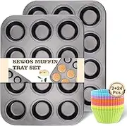BEWOS 2 PCS Non-Stick 12 Cup Muffin Pan, Carbon Steel Mini Muffin Pan with 24 Reusable Silicone Silicone Molds, Dishwasher Safe & Easy Clean Muffin Tin, Baking Moulds for Muffins or Cupcake（Grey）