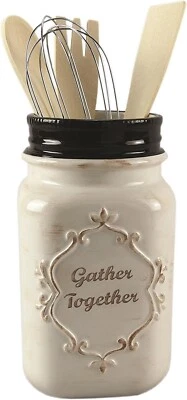 New Primitive Farmhouse Black White MASON JAR UTENSIL HOLDER Container Ceramic