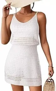 [Generic] Women Crochet Mini Bikini Cover-Up Dresses Casual Summer Beach Sleeveless Short Cover Up Dress