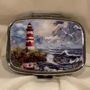 Lighthouse Travel Pill Box 2 Compartment Decorative Medicine Pill Case Metal NEW