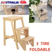 2IN1 Wooden Step Stool Ladder Chair Multi-Functional Three Step Stool Foldable