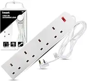 Heavy Duty Extension Lead UK Pin Plug and Cable, 4 Gang Way 2m Power Adapter, Multi Socket Mains Strip (1 Pack, White)