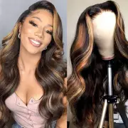 Body Wave Highlight Lace Closure Wig Human Hair Ombre Lace Front Wig 1B/30 Br...